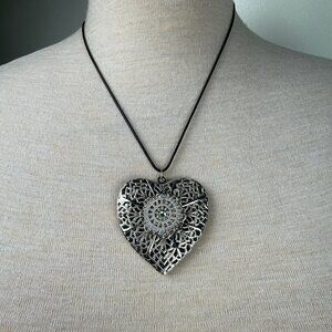 Vintage Large Filigree Heart Locket Pendant Necklace Black Cord (new)